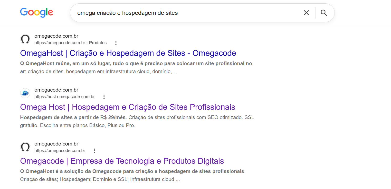 Pesquisa no Google mostrando o OmegaHost e a Omegacode nos resultados